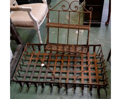 A large wrought iron kitchen suspended pan hanger, 60cm x 100cm; a wrought iron folding bakers style shelf (2)