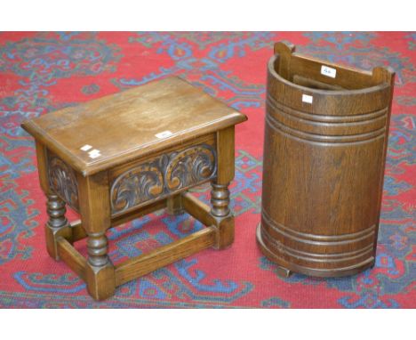 An oak Old Charm work box; an oak stick stand