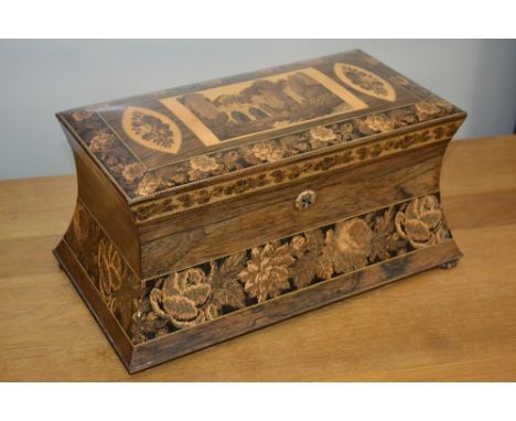 A large post-Regency Tunbridge ware concave rectangular tea caddy, hinged cover inlaid with a view of a ruined abbey, flanked