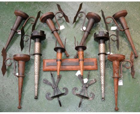 Gothic style wall light sconces, eight matching; another pair; etc.; quantity