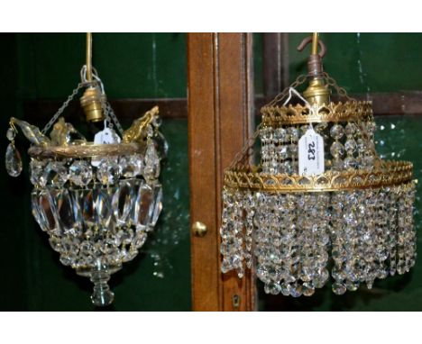 Lighting - a late 19th century gilt metal and cut glass droplet light fitting; another, 1920's (2)