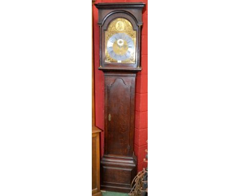 A George II oak longcase clock, 33cm arched brass dial with silvered chapter ring, inscribed Andrew Dickie, Edinburgh, the ar