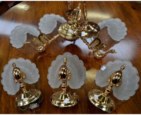Lighting - a three branch brass coloured ceiling light, each arm terminating with a peacock and frosted glass tail feather sh