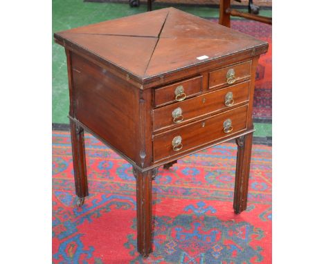 A George III Revival mahogany combination envelope card table/cabinet, folding top with bead-and-reel border above two short 