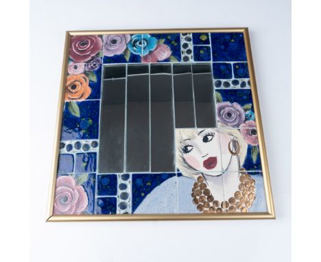 A striking hand-painted framed ceramic tile art featuring vibrant floral motifs with roses in shades of pink, orange, purple,