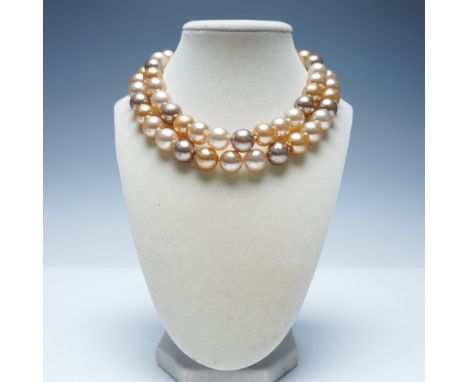 Elegant Kenneth Lane costume necklace featuring a double strand of lustrous faux pearls in warm champagne and soft bronze ton
