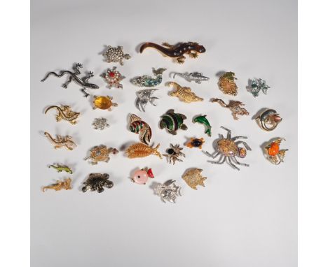 An exceptional collection of 31 vintage animal-themed brooches featuring a stunning array of jeweled, enameled, and metal des