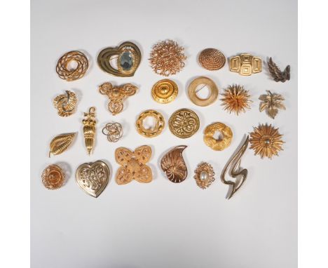 An exquisite collection of 25 vintage gold-tone brooches, each showcasing unique craftsmanship and intricate designs. This se