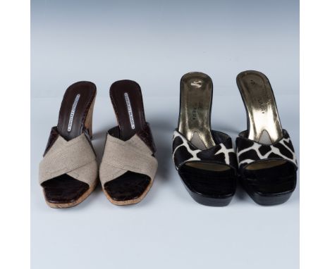 Includes 2 high heels, 1 features a brown crocodile-embossed leather base with fabric crisscross straps and a cork heel; meas