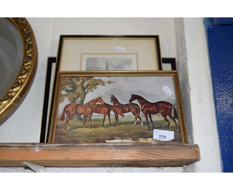 Small coloured engraving of Norwich Cathedral, a coloured print of horses and a further small portrait (3)