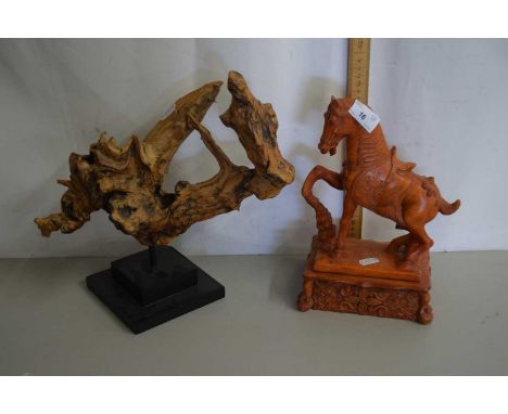 Mixed Lot: A modern Chinese resin model of a Tang horse together with an abstract burr wood section on plinth base