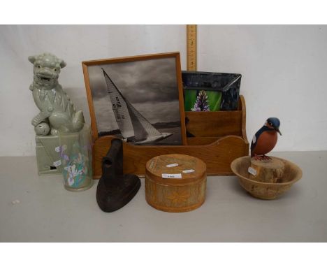 Mixed Lot: Small desk letter rack, model Kingfisher, a reproduction Chinese foo dog, flat iron and other assorted items