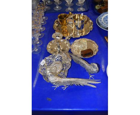 Mixed Lot: Various silver plated wares to include chamber stick, table lighters, model pheasants etc