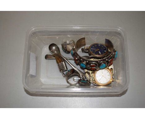 Box of various assorted items to include white metal bangle, various rings, an oversize United States 5 cent piece, gents wri