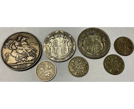 A Victorian silver crown coin , 1899; other silver coins, total silver weight 61g; two Elizabeth II sixpences (7) 