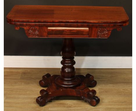 A 19th century mahogany card table, hinged top enclosing a baize lined playing surface, turned column, incurve rectangular ba