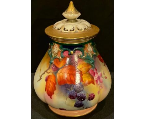 A Royal Worcester vase and cover, painted with blackberries, dated 1907, 15cm high 