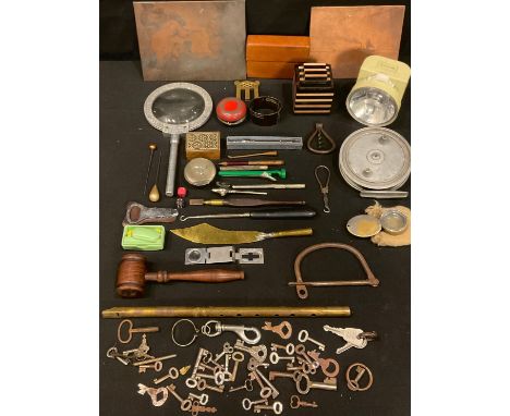 Boxes and Objects - copper printing plaques; hardwood gavel; fishing reel; keys; magnifying glasses; etc 