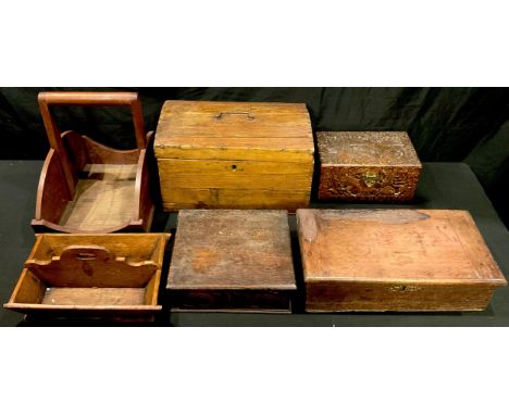 A 19th century carved oak box; another, metal lined oak box; a mahogany table caddy; a Chinese carved casket; an oak cutlery 