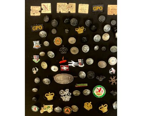 Railwayana- various enamel and other badges; tickets; buttons; cap badges; other buttons, GPO, naval, etc 