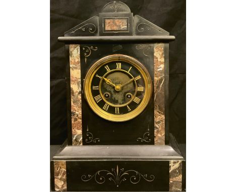 A late 19th century French slate architectural mantel clock, arched case, Roman numerals, twin winding holes, bevelled glass 