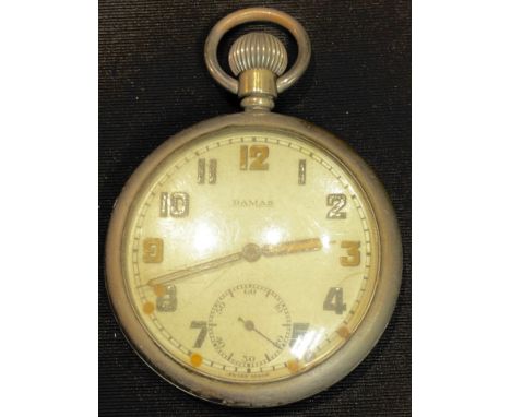 A Damas military open faced pocket watch, marked G.S/T.P, broad arrow, XX, 7.5cm over loop 