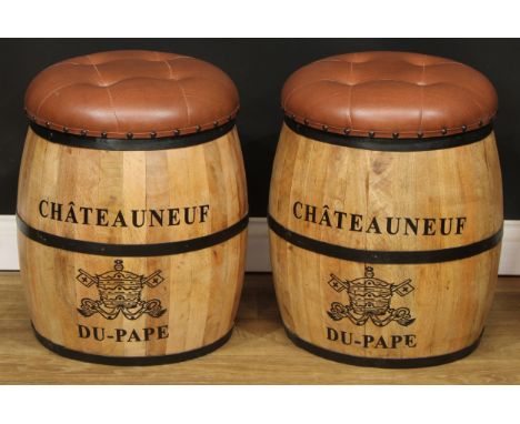 Oenophilia - a pair of contemporary coopered mango barrel seats, each applied in the advertising manner with Châteauneuf-du-P