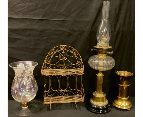 A Victorian oil lamp, clear glass font, brass columnar support, part converted to electricity, 46cm over fitting; a set of wi