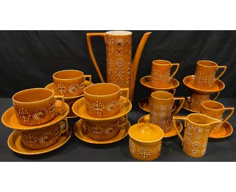 A Portmeirion Totem part coffee and tea service comprising coffee pot, cream jug, sugar bowl, coffee cups, tea cups and sauce