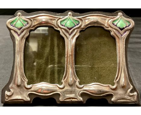 A small Art Nouveau style enamelled sterling silver double photograph frame, impressed sterling, easel back, 8cm high, 11cm w