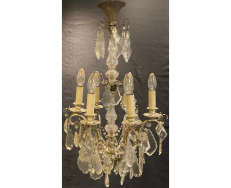 A 20th century silvered and clear glass six light ceiling light, S scroll arms, prismatic stoppers, 68cm high 