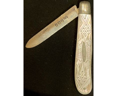 A Victorian silver and mother of pearl folding pocket fruit knife, Sheffield 1899; a Mosda 500 automatic cigarette lighter; a