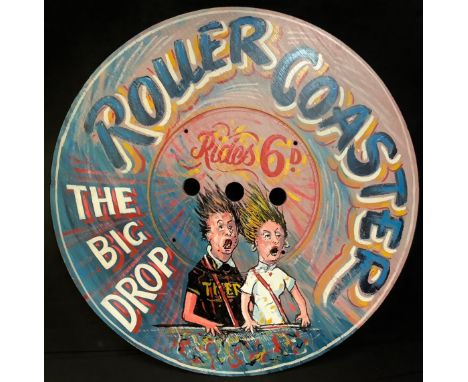 Fairground and Carnival Interest - a decorative reproduction painted round panel 'The Big Drop Roller Coaster', 75cm diameter