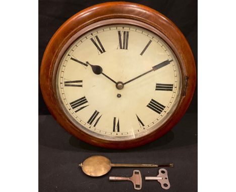 An early 20th century mahogany circular wall clock, Roman numerals, 38cm diameter, key and pendulum 