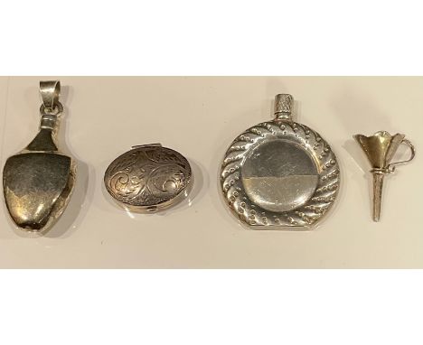 A silver scent flask and funnel; a pendant scent bottle; a silver pill box (4) 