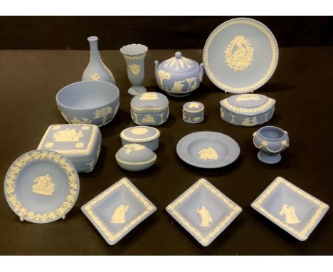 A Wedgwood Jasperware sucrier and cover, sugar bowl, bell, assorted vases, trinket box and cover, trinket dishes; etc 