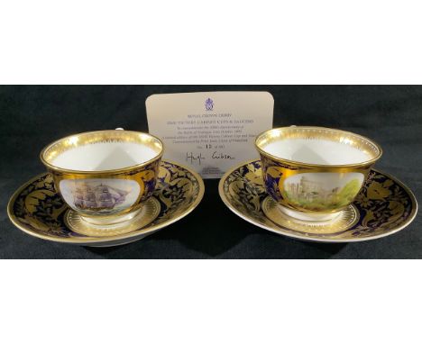 A pair of Royal Crown Derby teacups and saucers, HMS Victory Cabinet Cups and Saucers, Peter Jones of Wakefield exclusive, to