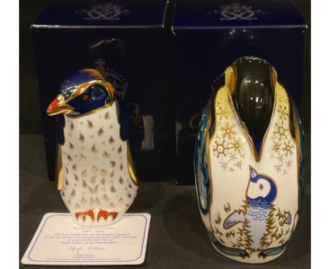 A Royal Crown Derby paperweight, Rock Hopper Penguin, 21st anniversary gold stopper, certificate, boxed; another, Penguin and