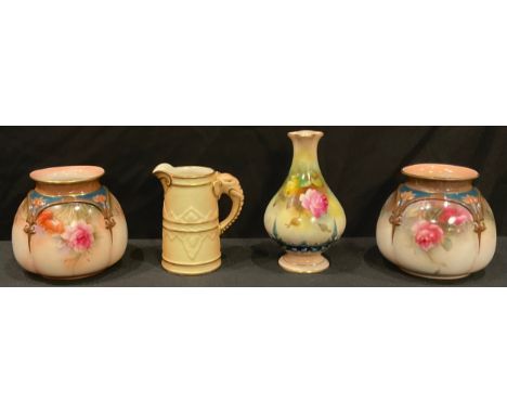 A pair of Hadley's Worcester ovoid quatrefoil vases, the blush grounds painted with pink blossom, 8cm, c.1897; a Royal Worces