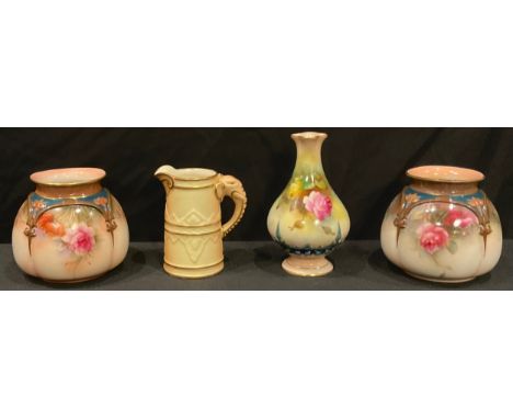 A pair of Hadley's Worcester ovoid quatrefoil vases, the blush grounds painted with pink blossom, 8cm, c.1897; a Royal Worces