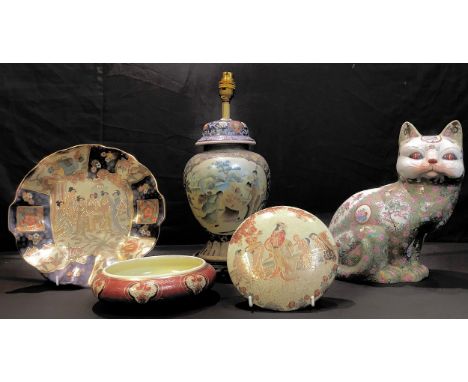 A Chinese export ware famille rose model of a cat, 26.5cm; a Japanese export ware Satsuma type bowl and cover, plate; a Chine