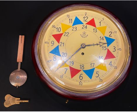 A reproduction RAF fusee wall clock, 32cm diameter dial, 38cm diameter overall, with key and pendulum 