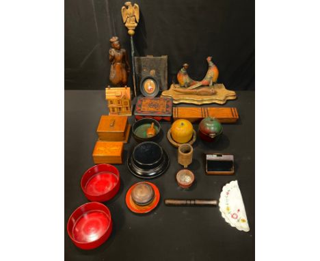 Boxes and Objects - a mahogany combination pocket watch stand and desk tidy; an Art Deco pen and ink box; a fruitwood caddy a