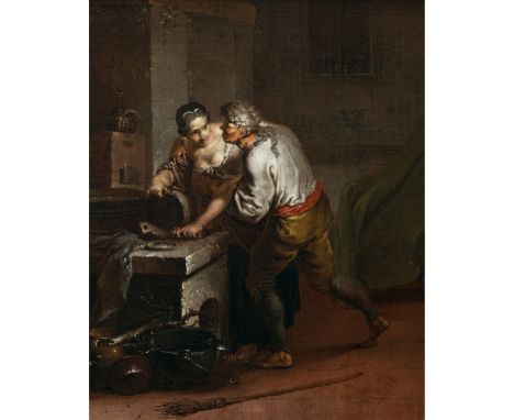 Januarius Zick, zugeschrieben1730 München - 1797 EhrenbreitsteinIn der SchlosskücheEin Mann bedrängt eine Magd, die gerade ei