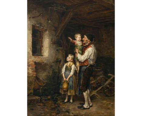 Heinrich Hirt1841 Fürth - 1902 MünchenAnkunft der SchwalbenEin Großvater beobachtet mit seinen Enkelkindern die Schwalben im 