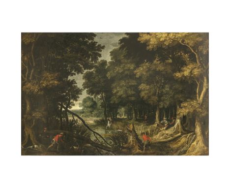 Gillis van Coninxloo, Umkreis1544 Antwerpen - 1606 AmsterdamWaldlandschaft mit JägernÖl auf  Lwd. 121 x 186 cm. Doubliert. Re