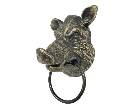 Bronzed effect painted cast iron wall hanging Boar head with metal ring, H24CM