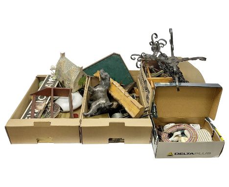 Composite model of spaniel, signed P Tavener, brass walnut shell nut cracker, pipe paraphernalia, carved wooden items, Victor