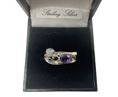 Silver and 14ct gold wire oval amethyst and opal ring, stamped 925 Condition Report:Size O-P