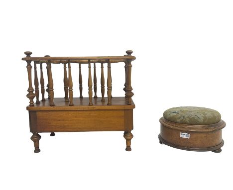 19th century walnut child's commode stool, circular top upholstered in needlework, figured walnut band, on compressed bun fee